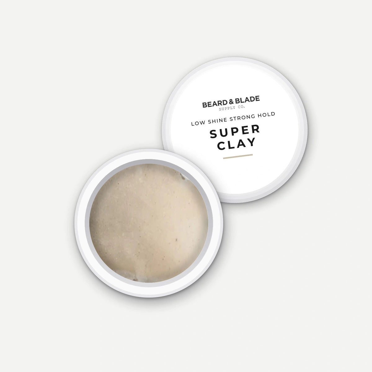 Beard & Blade Super Clay 10g sample pot, opened with lid alongside