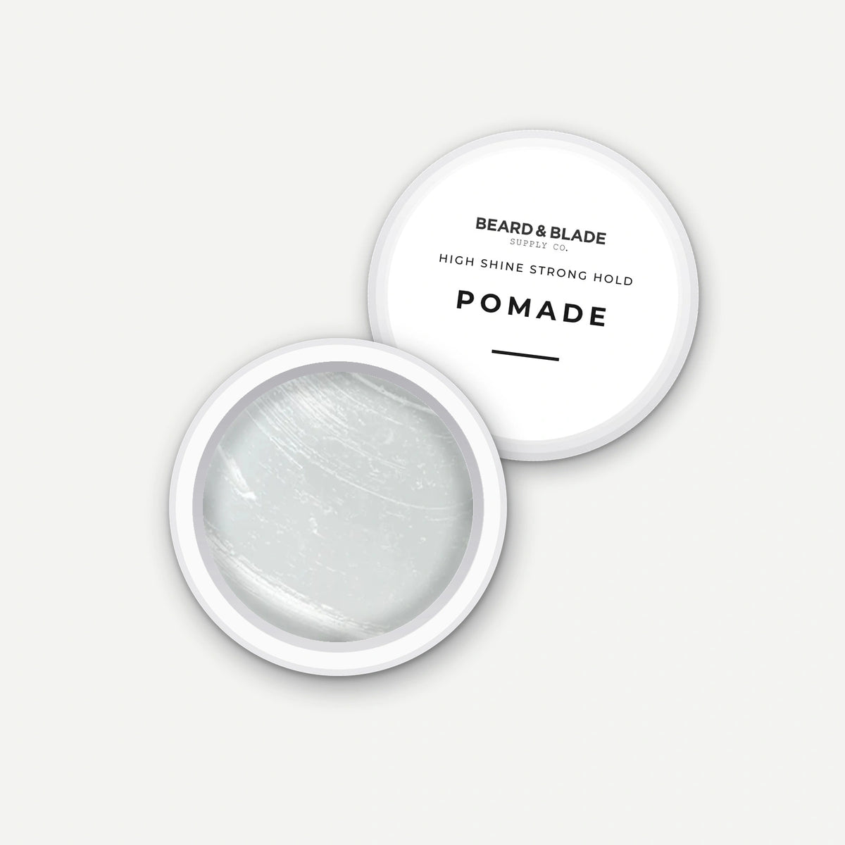 Beard & Blade Pomade 10g sample pot, opened with lid alongside