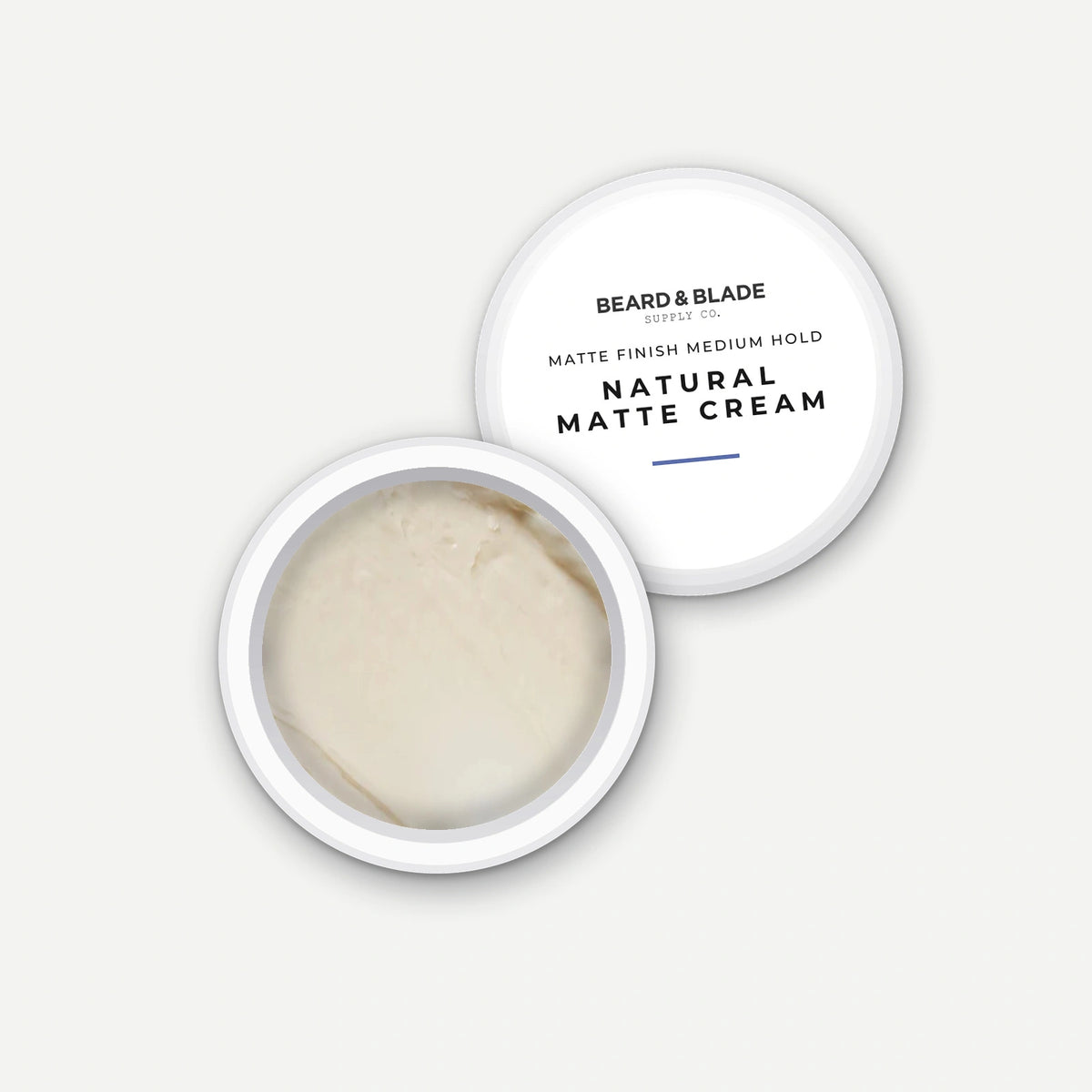 Beard & Blade Natural Matte Cream 10g sample pot, opened with lid alongside
