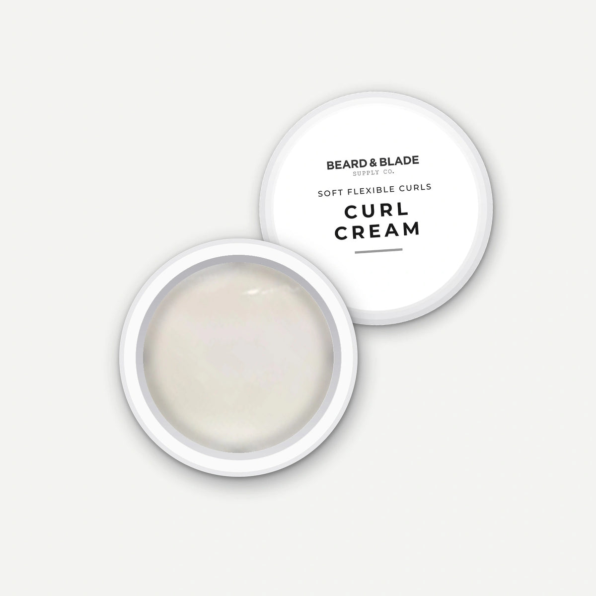 Beard & Blade Curl Cream 10g sample pot, opened with lid alongside