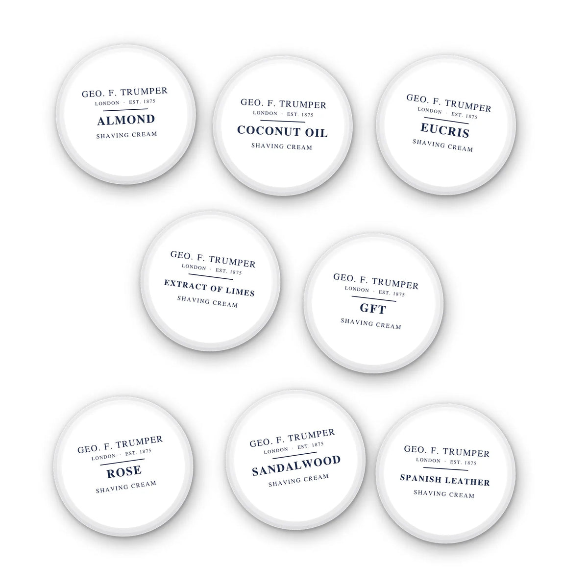 Geo. F. Trumper Shaving Cream Sample Pack, eight 10g sampler pots in Almond, Coconut Oil, Eucris, Extract of Limes, GFT, Rose, Sandalwood and Spanish Leather
