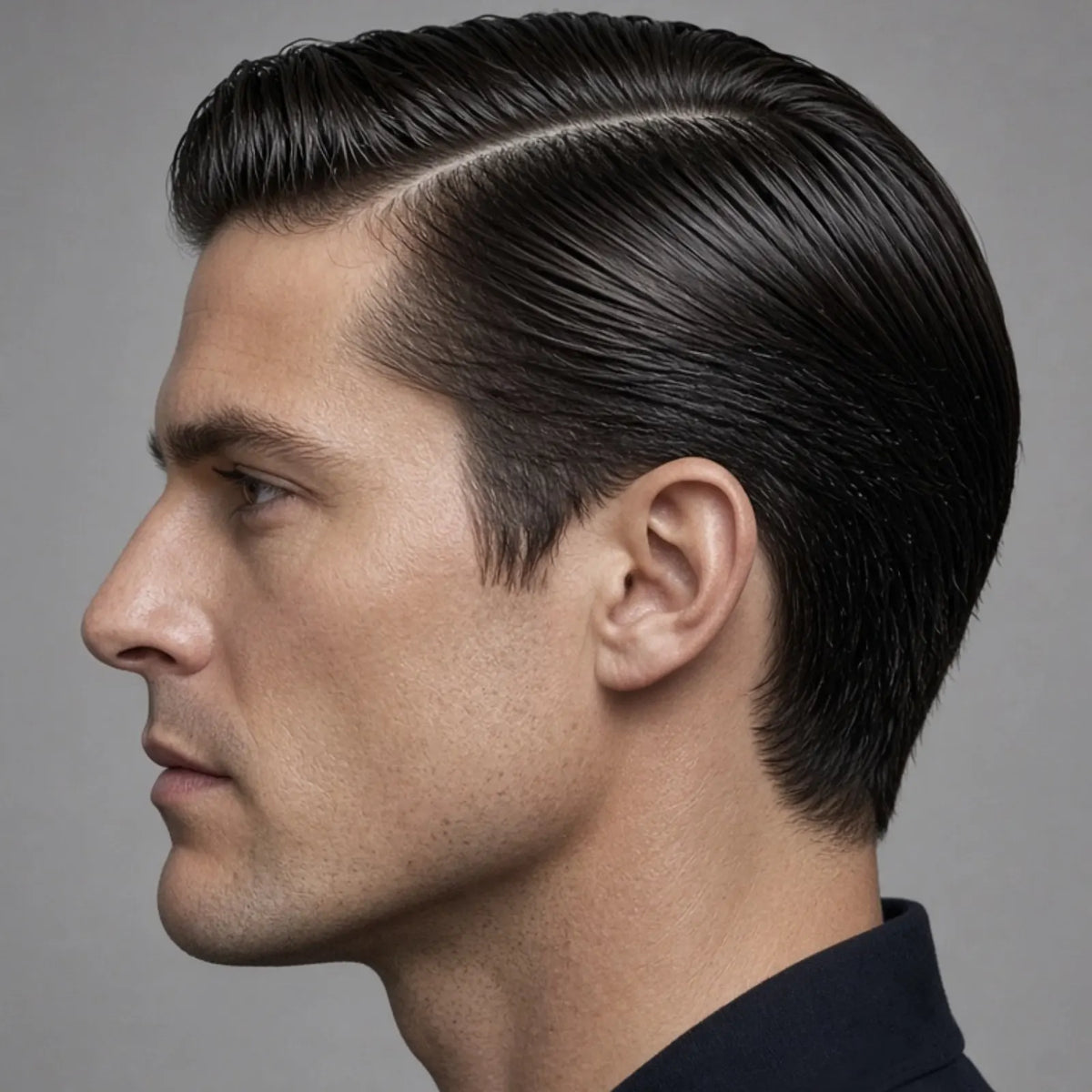 Side part slicked back with Beard & Blade Pomade, high shine finish
