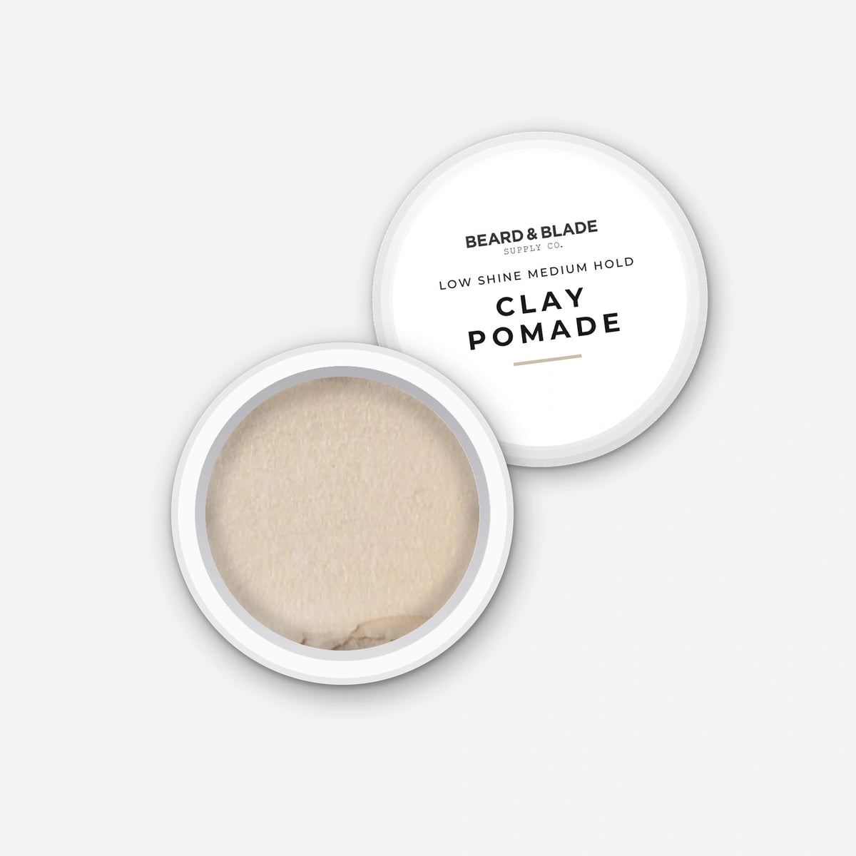 Beard & Blade Clay Pomade 10g sample pot, opened with lid alongside