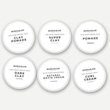 Beard & Blade Hair Styling Sample Pack, six 10g sample pots: Clay Pomade, Super Clay, Pomade, Dark Clay, Natural Matte Cream and Curl Cream