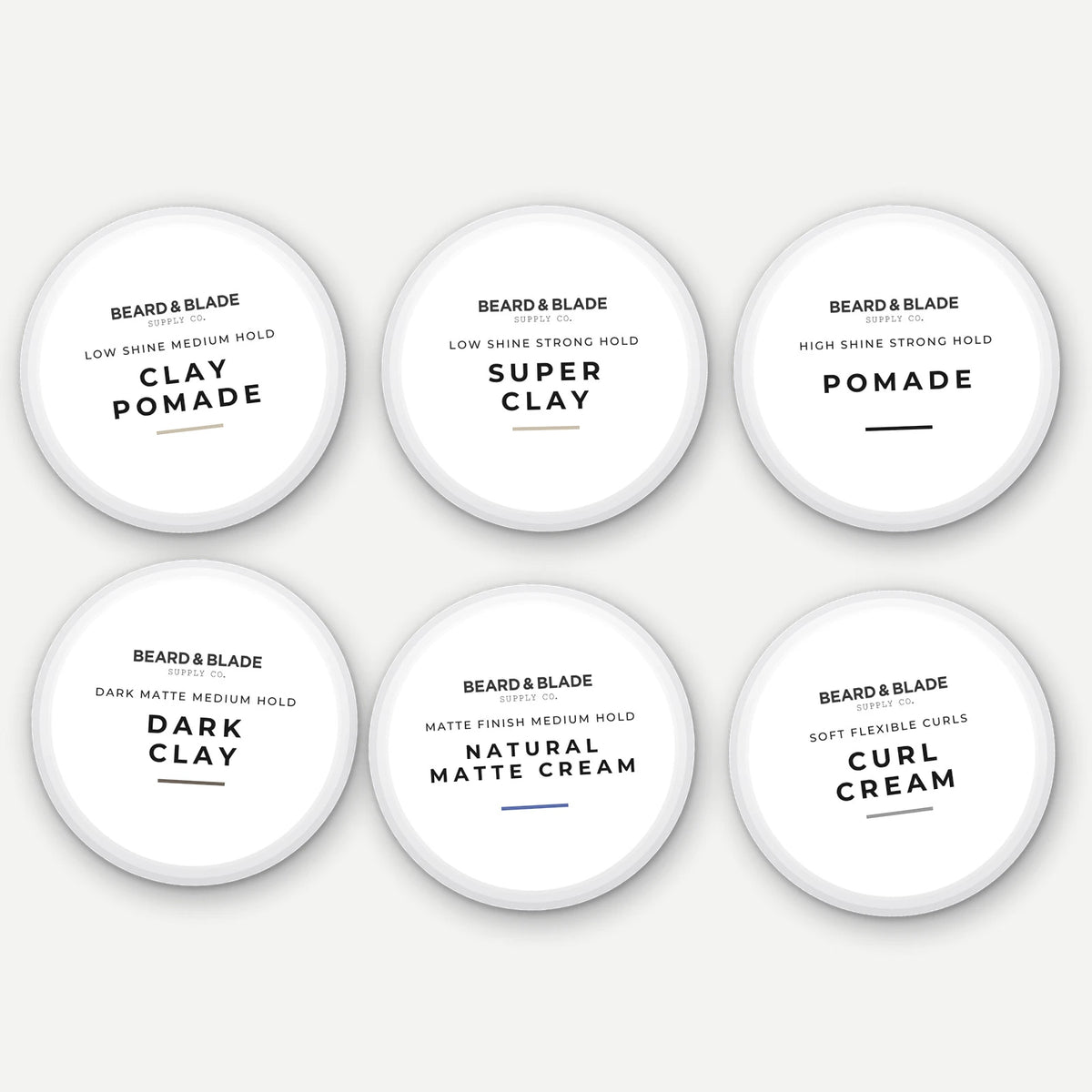 Beard & Blade Hair Styling Sample Pack, six 10g sample pots: Clay Pomade, Super Clay, Pomade, Dark Clay, Natural Matte Cream and Curl Cream