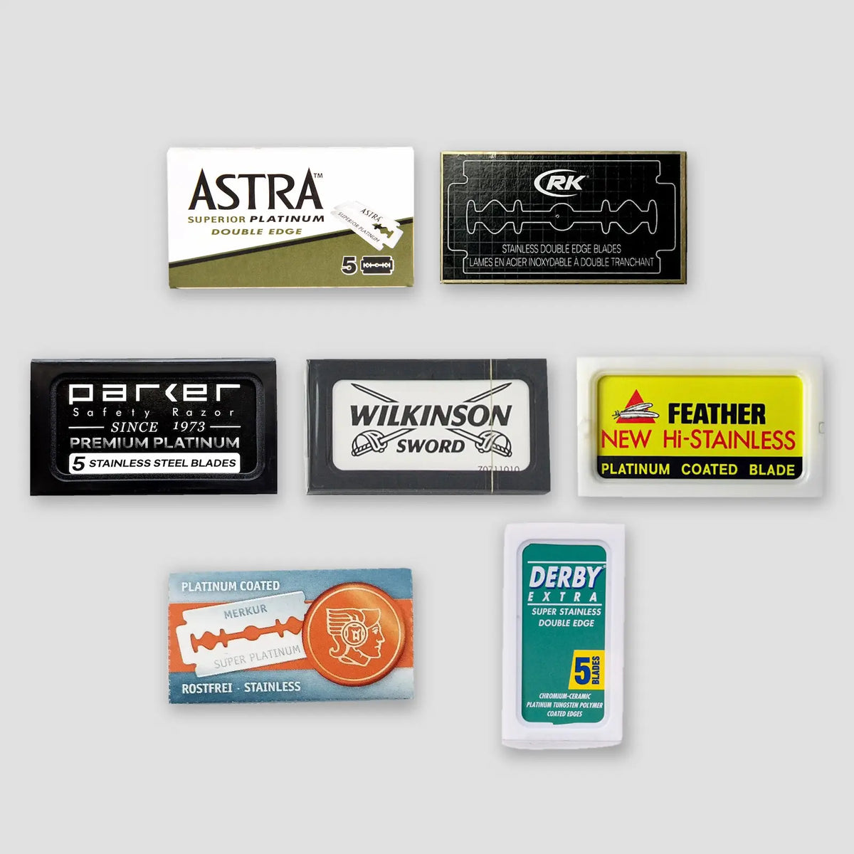 Beard & Blade Safety Razor Blade Sampler (45) with Astra, Henson RK, Parker, Wilkinson Sword, Feather, Merkur and Derby Extra blade packs