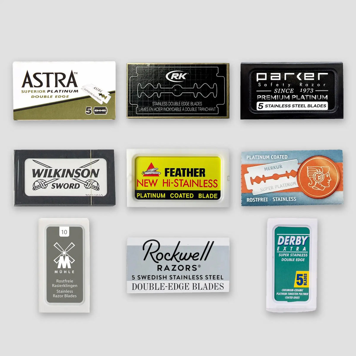 Beard & Blade Safety Razor Blade Sampler (60) with Astra, Henson RK, Parker, Wilkinson Sword, Feather, Merkur, Muhle, Rockwell and Derby Extra blade packs