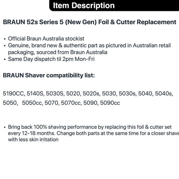 BRAUN 52s Series 5 Foil & Cutter Replacement Cassette - 5090CC 5190CC +