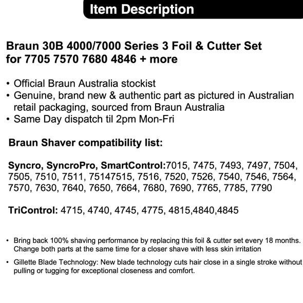 BRAUN 30B 4000/7000 Series 3 Foil & Cutter Set for 7705, 7570, 7680 4846 +