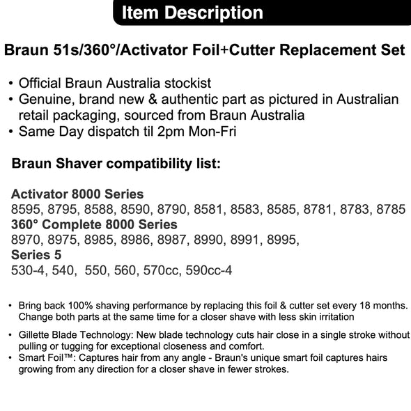 BRAUN 51s Series 5 Foil & Cutter Replacement Set 360, Activator 8595, 590c +